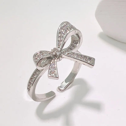 Copper 18K Gold Plated Basic Simple Style Classic Style Plating Metal Inlay Bow Knot Zircon Open Rings