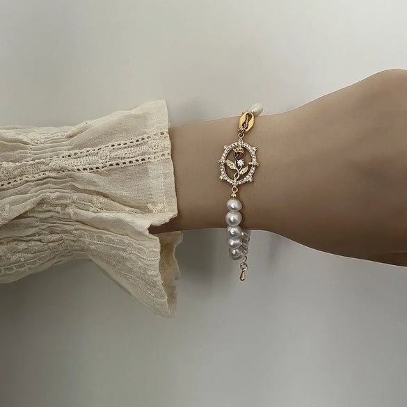 Copper 18K Gold Plated Beach Artistic Shiny Rose Pearl Hollow Out Inlay Zircon Bracelets Necklace