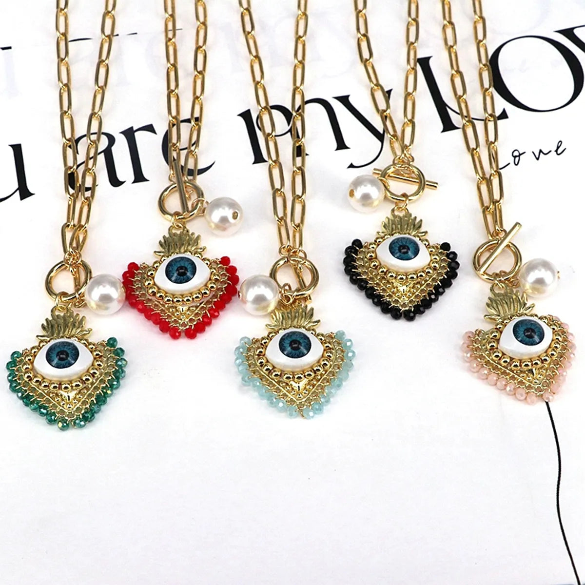 Copper 18K Gold Plated Beaded Crystal Pearl Heart Shape Eye Pendant Necklace