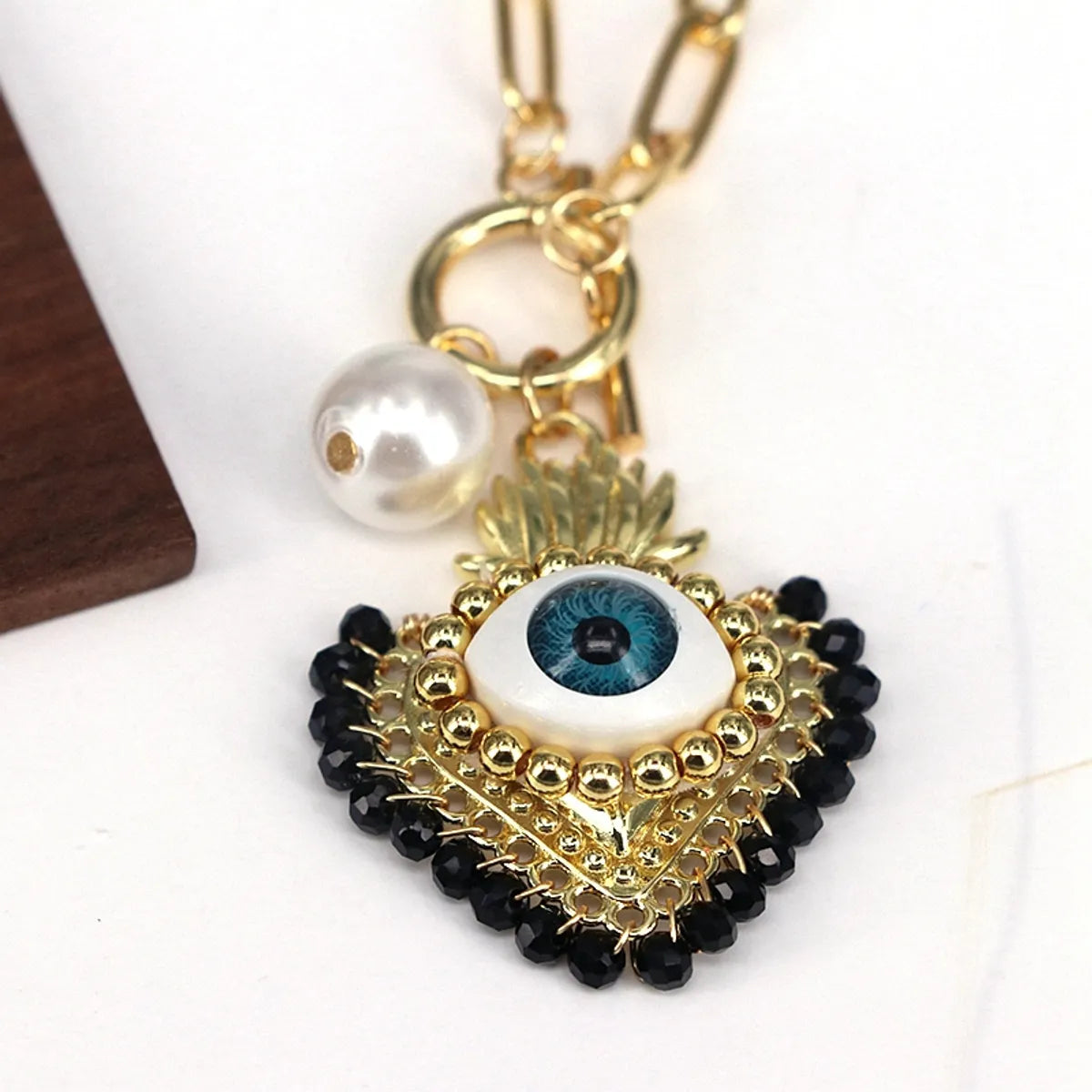 Copper 18K Gold Plated Beaded Crystal Pearl Heart Shape Eye Pendant Necklace