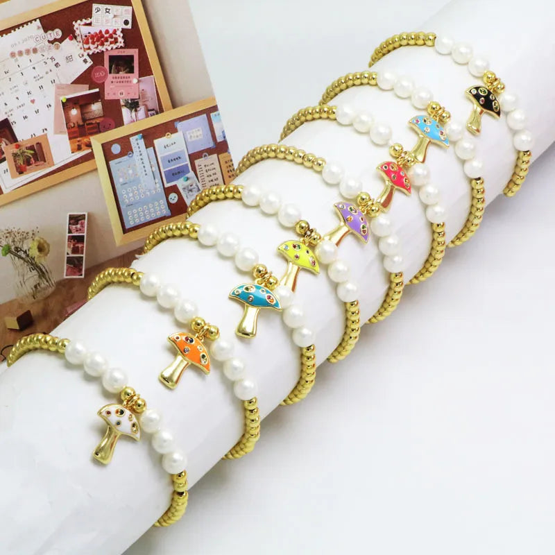 Copper 18K Gold Plated Beaded Enamel Inlay Mushroom Zircon Bracelets