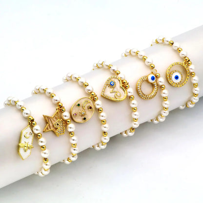 Copper 18K Gold Plated Beaded Enamel Inlay Star Heart Shape Eye Zircon Bracelets