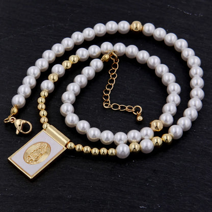 Copper 18K Gold Plated Beaded Enamel Pearl Color Block Artificial Pearls Pearl Pendant Necklace