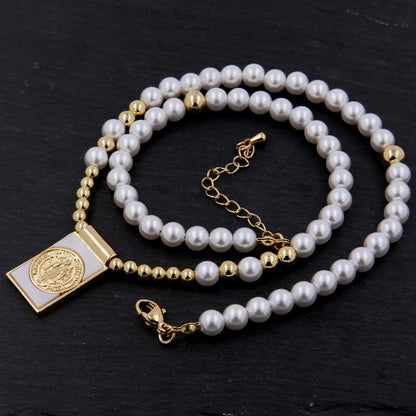 Copper 18K Gold Plated Beaded Enamel Pearl Color Block Artificial Pearls Pearl Pendant Necklace