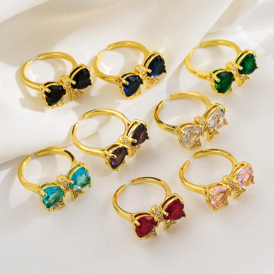 Copper 18K Gold Plated Casual Cute Commute Inlay Bow Knot Zircon Open Rings