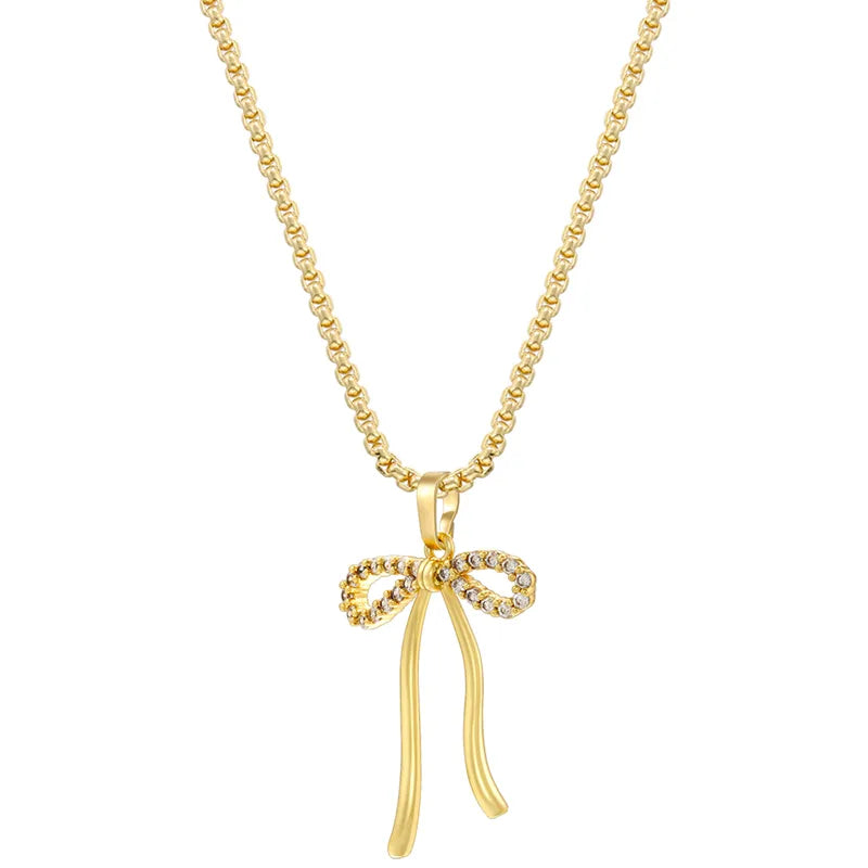 Copper 18K Gold Plated Casual Elegant Luxurious Inlay Bow Knot Zircon Pendant Necklace