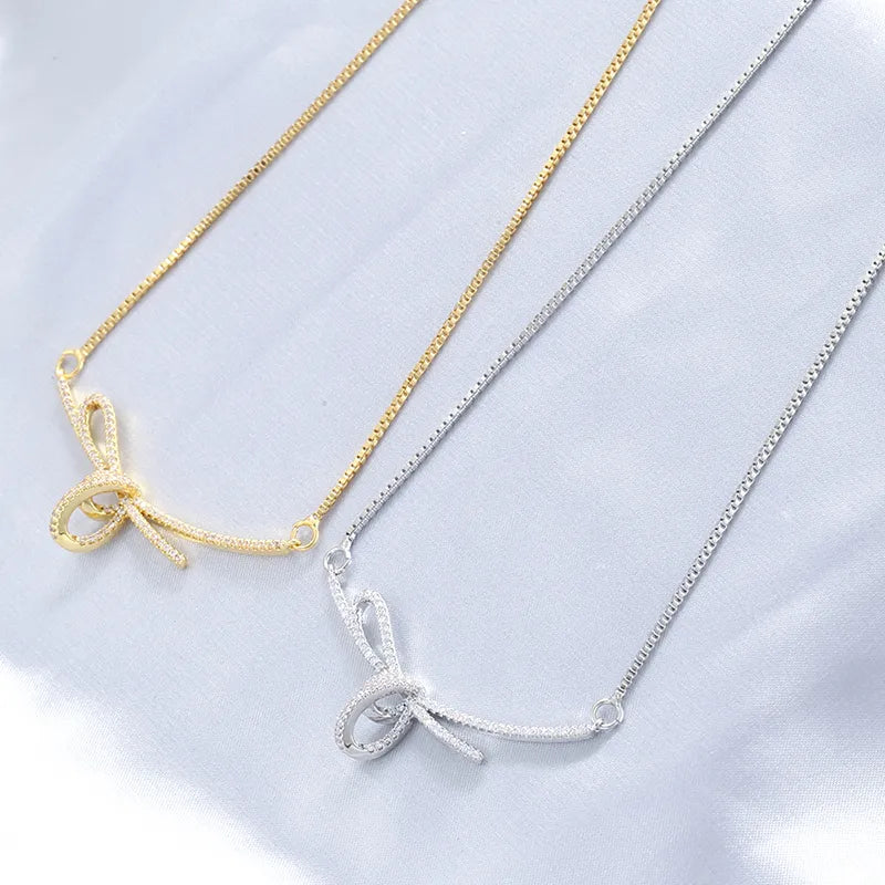 Copper 18K Gold Plated Casual Simple Style Commute Plating Inlay Bends And Hitches Bow Knot Zircon Pendant Necklace