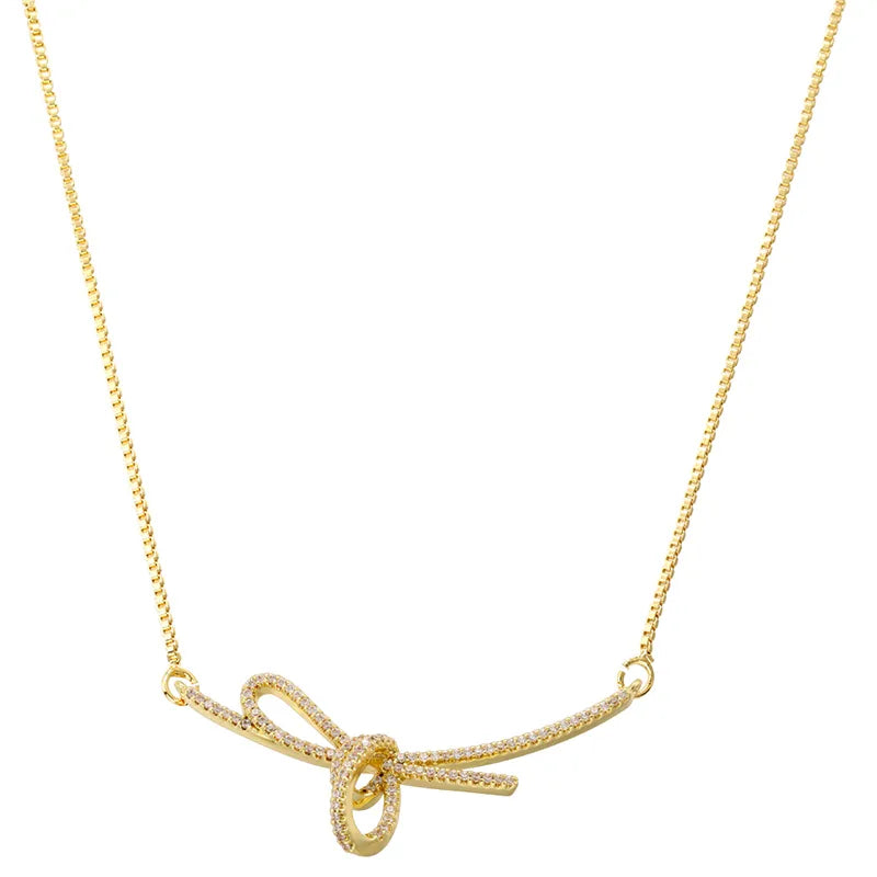 Copper 18K Gold Plated Casual Simple Style Commute Plating Inlay Bends And Hitches Bow Knot Zircon Pendant Necklace