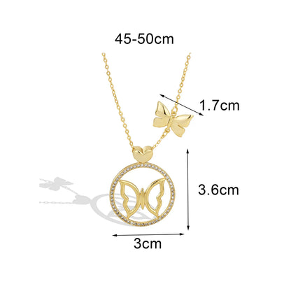 Copper 18K Gold Plated Casual Simple Style Hollow Out Inlay Heart Shape Butterfly Zircon Pendant Necklace Necklace