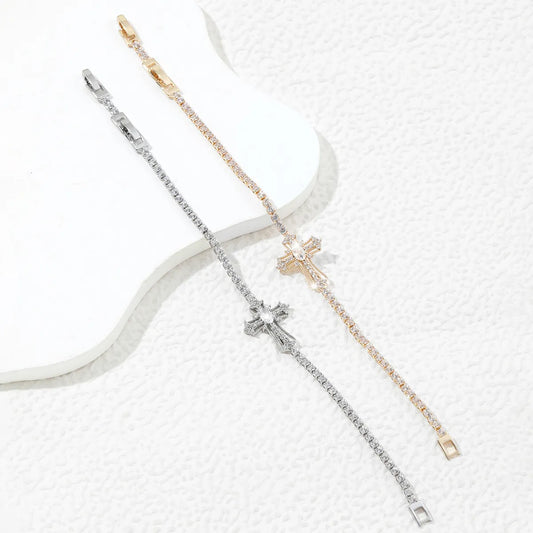 Copper 18K Gold Plated Casual Simple Style Roman Style Cross Polishing Inlay Zircon Bracelets