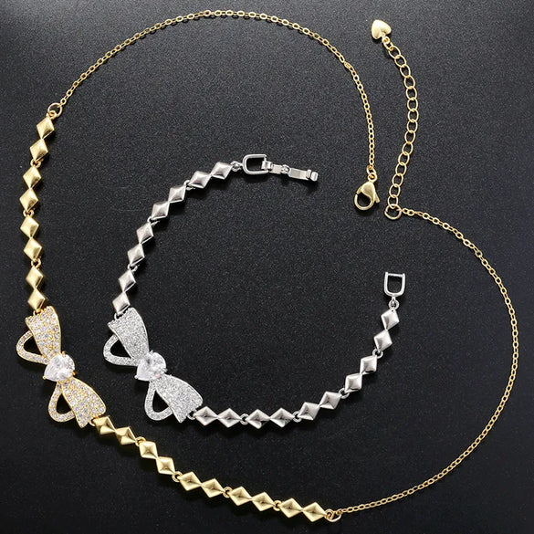 Copper 18K Gold Plated Casual Simple Style Shiny Inlay Bow Knot Zircon Bracelets Necklace