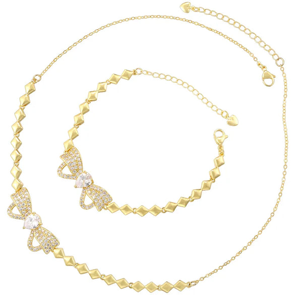 Copper 18K Gold Plated Casual Simple Style Shiny Inlay Bow Knot Zircon Bracelets Necklace