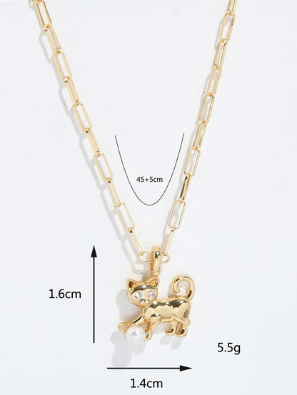 Copper 18K Gold Plated Cute Elephant Cat Plating Inlay Artificial Pearls Zircon Pendant Necklace