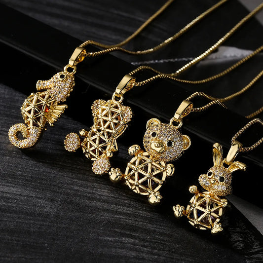 Copper 18K Gold Plated Cute Simple Style Commute Hollow Out Inlay Animal Zircon Pendant Necklace