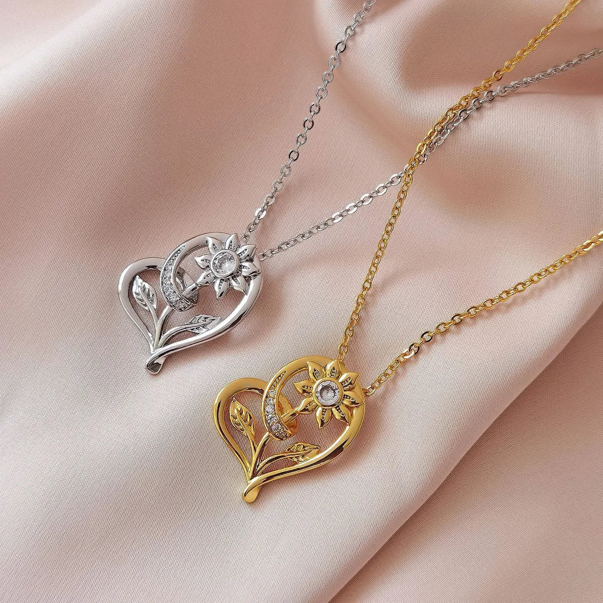 Copper 18K Gold Plated Cute Simple Style Commute Hollow Out Inlay Heart Shape Flower Zircon Pendant Necklace