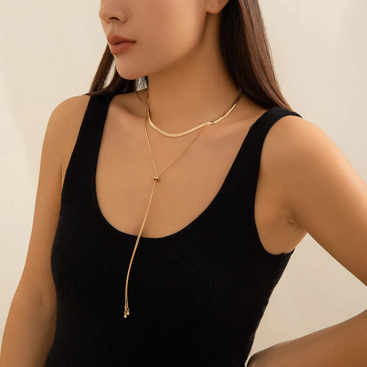 Copper 18K Gold Plated Elegant Geometric Solid Color Layered Tassel Long Necklace