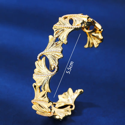 Copper 18K Gold Plated Elegant Glam Luxurious Hollow Out Inlay Maple Leaf Zircon Bangle