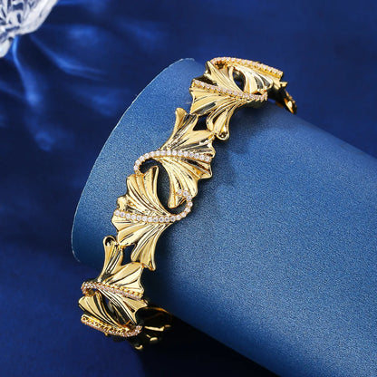 Copper 18K Gold Plated Elegant Glam Luxurious Hollow Out Inlay Maple Leaf Zircon Bangle