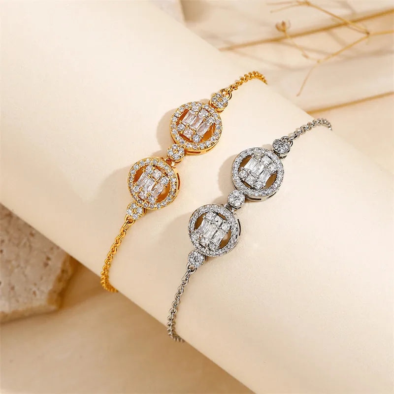 Copper 18K Gold Plated Elegant Inlay Round Zircon Bracelets