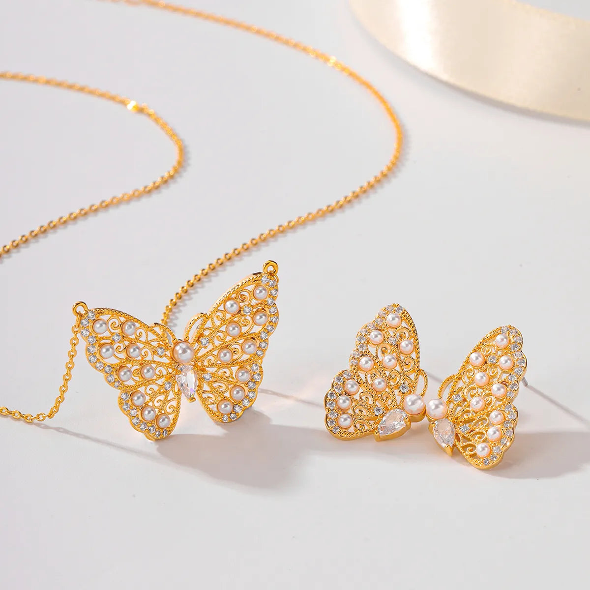 Copper 18K Gold Plated Elegant Lady Bridal Inlay Butterfly Zircon Earrings Necklace