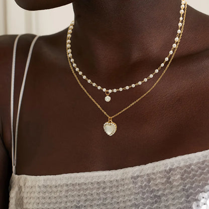 Copper 18K Gold Plated Elegant Lady Streetwear Layered Plating Inlay Heart Shape Artificial Pearls Opal Zircon Double Layer Necklaces Pendant Necklace