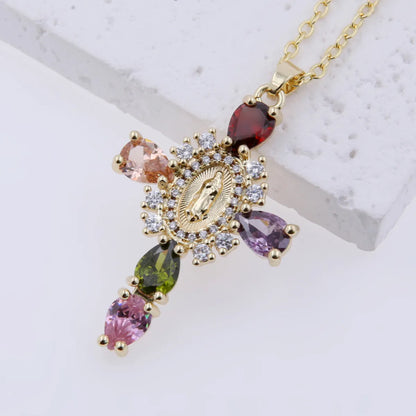 Copper 18K Gold Plated Elegant Shiny Inlay Human Cross Zircon Pendant Necklace