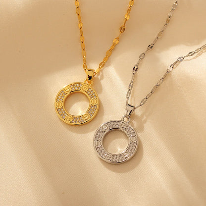 Copper 18K Gold Plated Elegant Simple Style Inlay Round Artificial Diamond Pendant Necklace