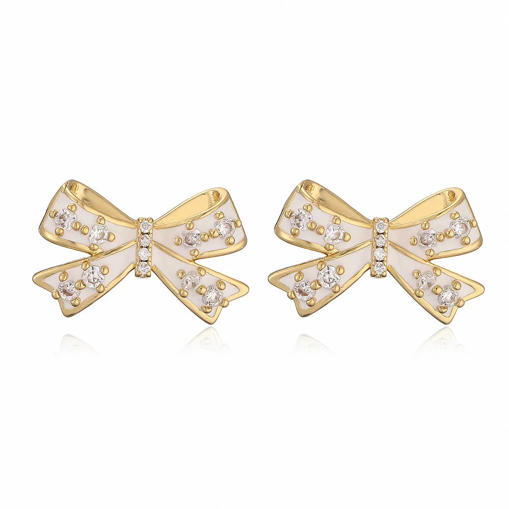 Copper 18K Gold Plated Elegant Vacation Sweet Enamel Plating Inlay Bow Knot Zircon Earrings Necklace Jewelry Set