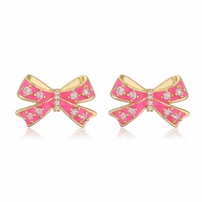 Copper 18K Gold Plated Elegant Vacation Sweet Enamel Plating Inlay Bow Knot Zircon Earrings Necklace Jewelry Set