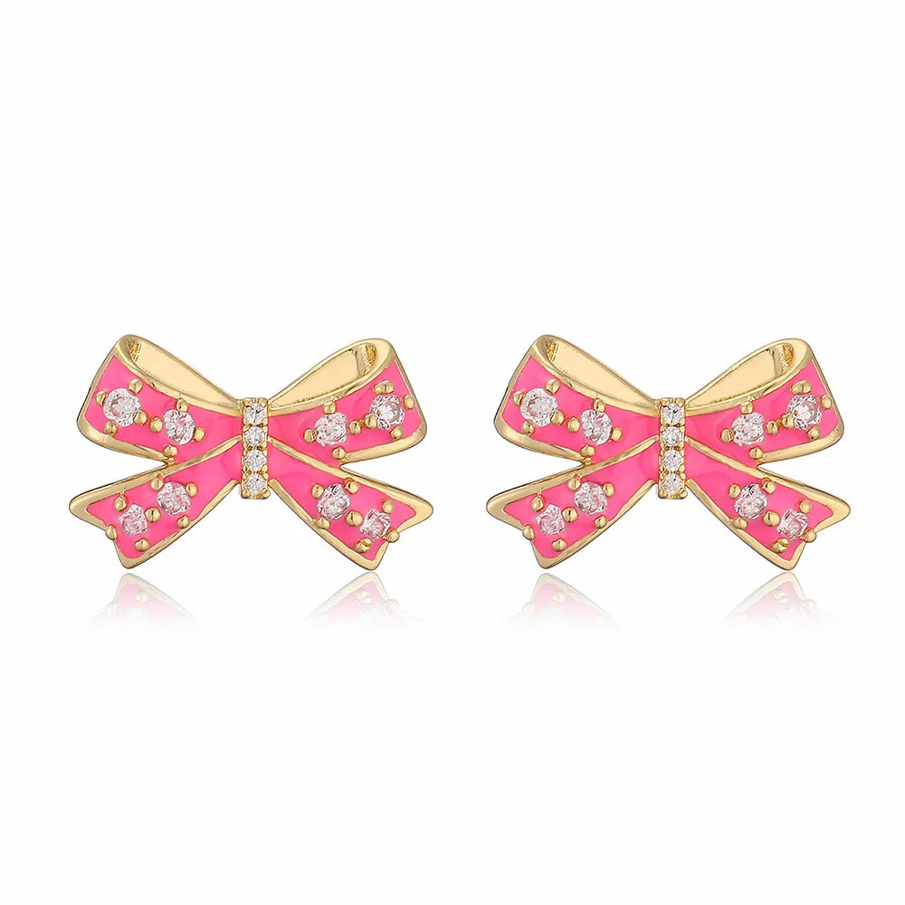 Copper 18K Gold Plated Elegant Vacation Sweet Enamel Plating Inlay Bow Knot Zircon Earrings Necklace Jewelry Set