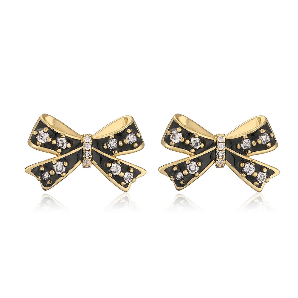 Copper 18K Gold Plated Elegant Vacation Sweet Enamel Plating Inlay Bow Knot Zircon Earrings Necklace Jewelry Set