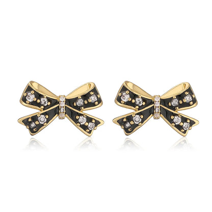 Copper 18K Gold Plated Elegant Vacation Sweet Enamel Plating Inlay Bow Knot Zircon Earrings Necklace Jewelry Set