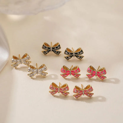 Copper 18K Gold Plated Elegant Vacation Sweet Enamel Plating Inlay Bow Knot Zircon Earrings Necklace Jewelry Set