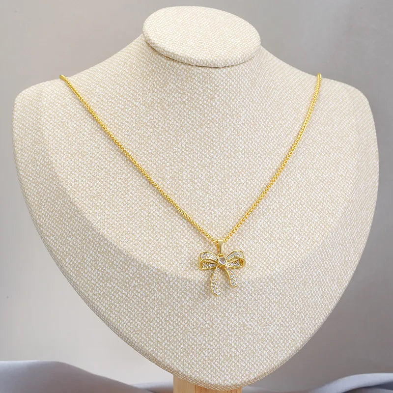 Copper 18K Gold Plated Elegant Vacation Sweet Inlay Bow Knot Zircon Pendant Necklace