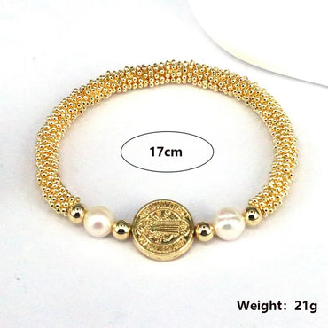 Copper 18K Gold Plated Elegant Vintage Style Lady Plating Inlay Round Artificial Pearls Bracelets