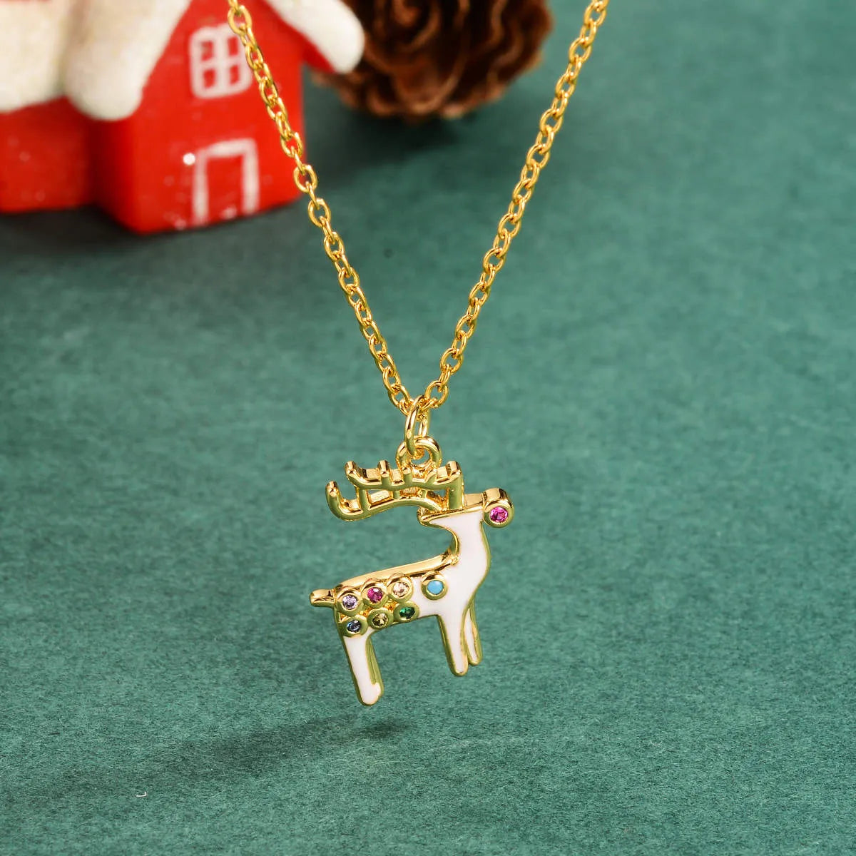 Copper 18K Gold Plated Enamel Christmas Tree Elk Zircon Pendant Necklace