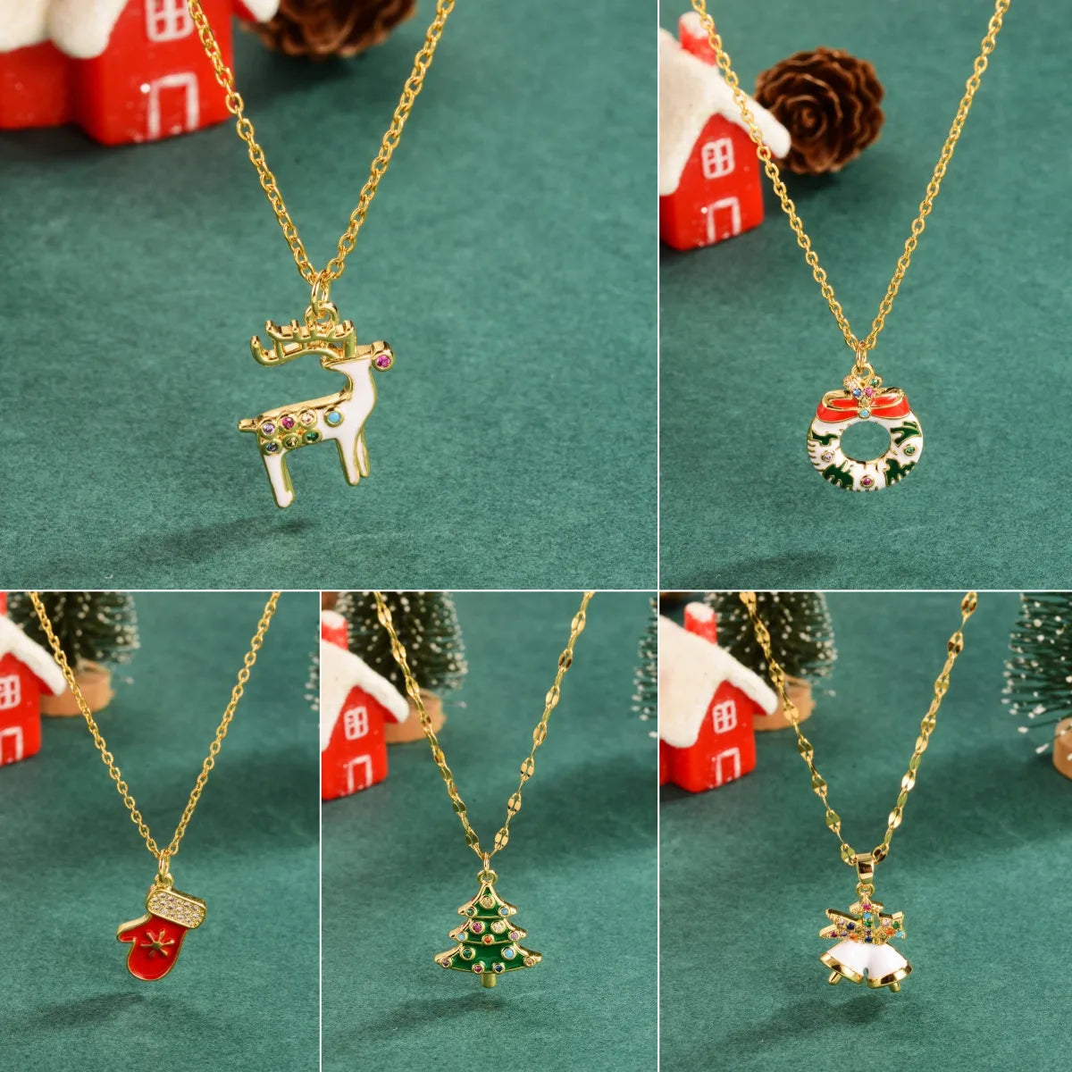 Copper 18K Gold Plated Enamel Christmas Tree Elk Zircon Pendant Necklace