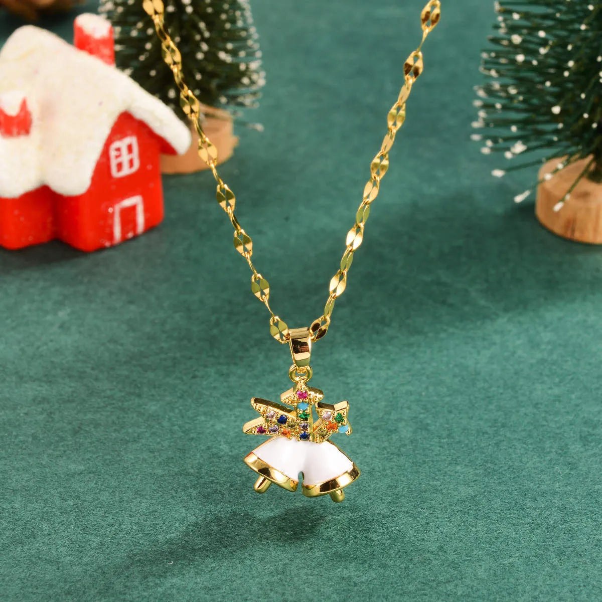 Copper 18K Gold Plated Enamel Christmas Tree Elk Zircon Pendant Necklace