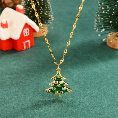 Copper 18K Gold Plated Enamel Christmas Tree Elk Zircon Pendant Necklace