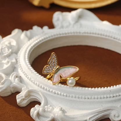 Copper 18K Gold Plated Enamel Inlay Butterfly Artificial Pearls Zircon Open Rings