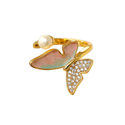 Copper 18K Gold Plated Enamel Inlay Butterfly Artificial Pearls Zircon Open Rings