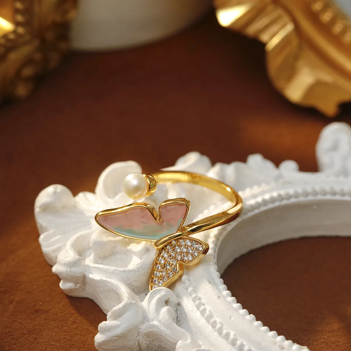 Copper 18K Gold Plated Enamel Inlay Butterfly Artificial Pearls Zircon Open Rings