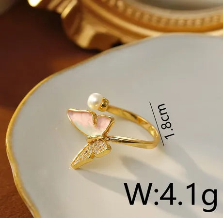 Copper 18K Gold Plated Enamel Inlay Butterfly Artificial Pearls Zircon Open Rings