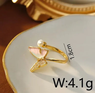 Copper 18K Gold Plated Enamel Inlay Butterfly Artificial Pearls Zircon Open Rings