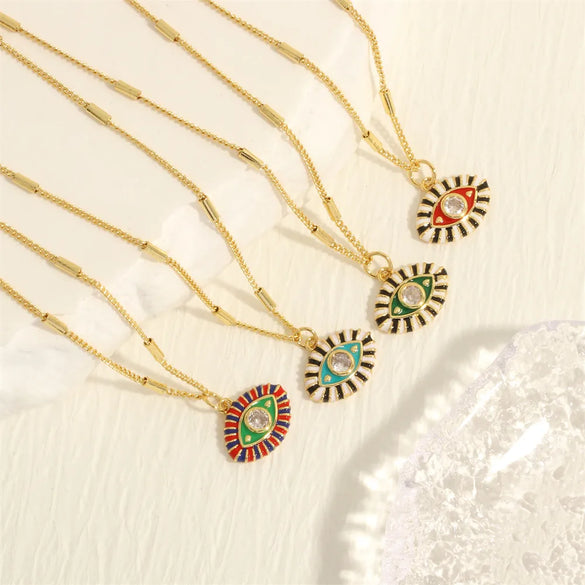 Copper 18K Gold Plated Enamel Inlay Devil'S Eye Zircon Pendant Necklace