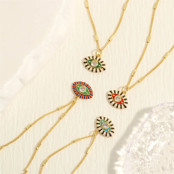 Copper 18K Gold Plated Enamel Inlay Devil'S Eye Zircon Pendant Necklace