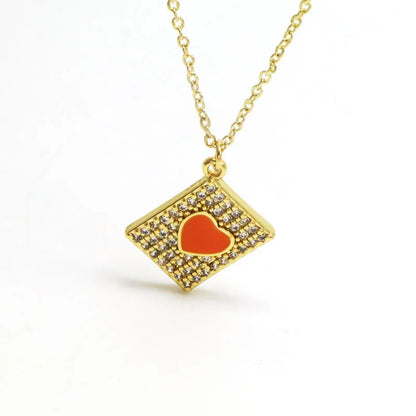 Copper 18K Gold Plated Enamel Inlay Heart Shape Zircon Pendant Necklace