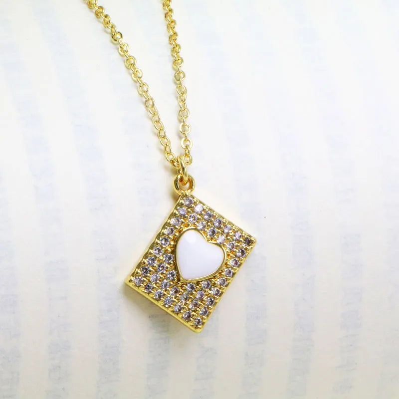 Copper 18K Gold Plated Enamel Inlay Heart Shape Zircon Pendant Necklace