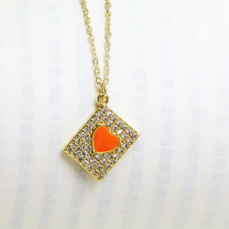 Copper 18K Gold Plated Enamel Inlay Heart Shape Zircon Pendant Necklace