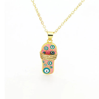 Copper 18K Gold Plated Enamel Inlay Slippers Zircon Pendant Necklace